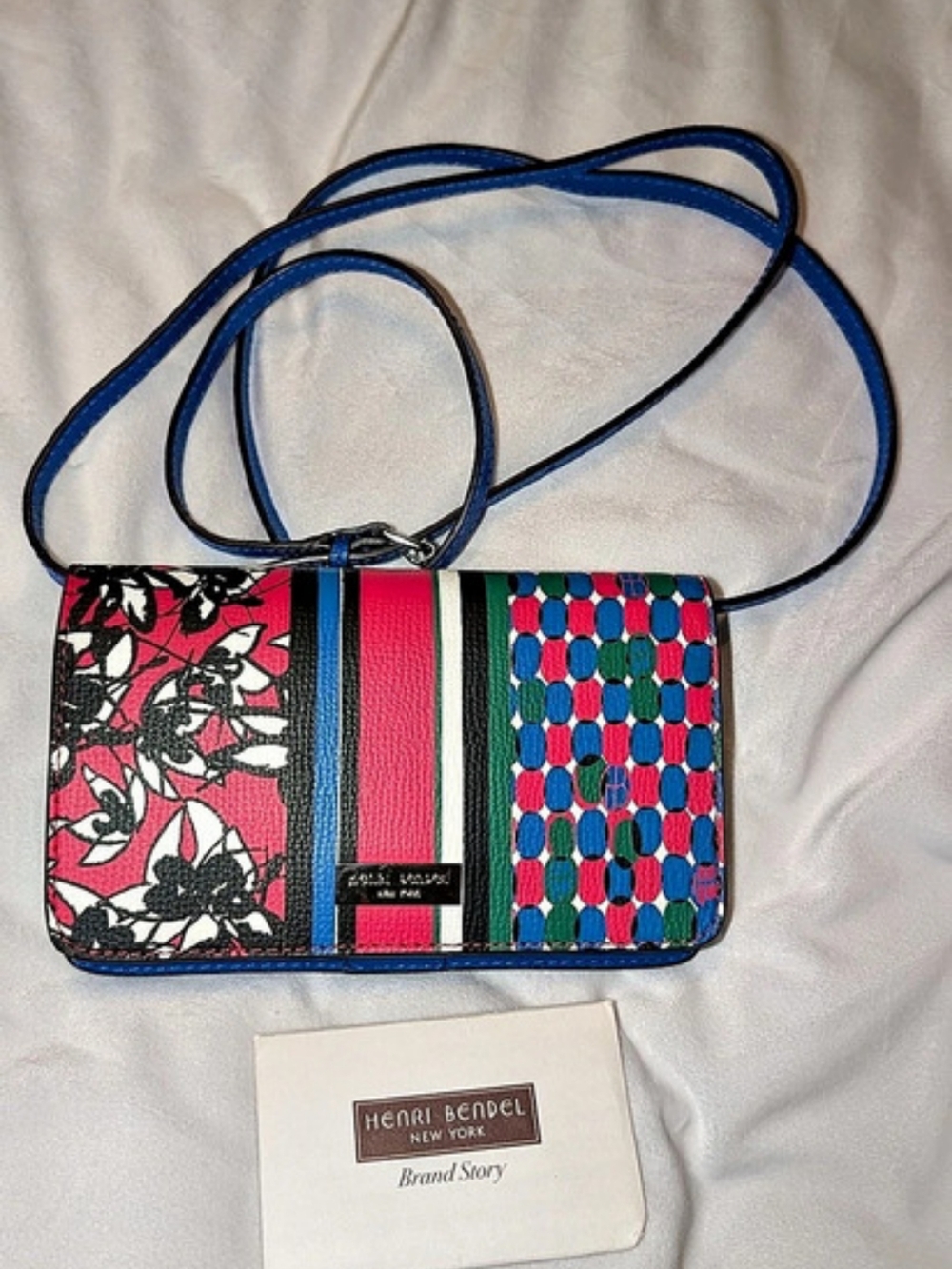 Henri Bendel Bouquet Stripe Phone Wallet Crossbody Bag Blue Pink Multi EUC